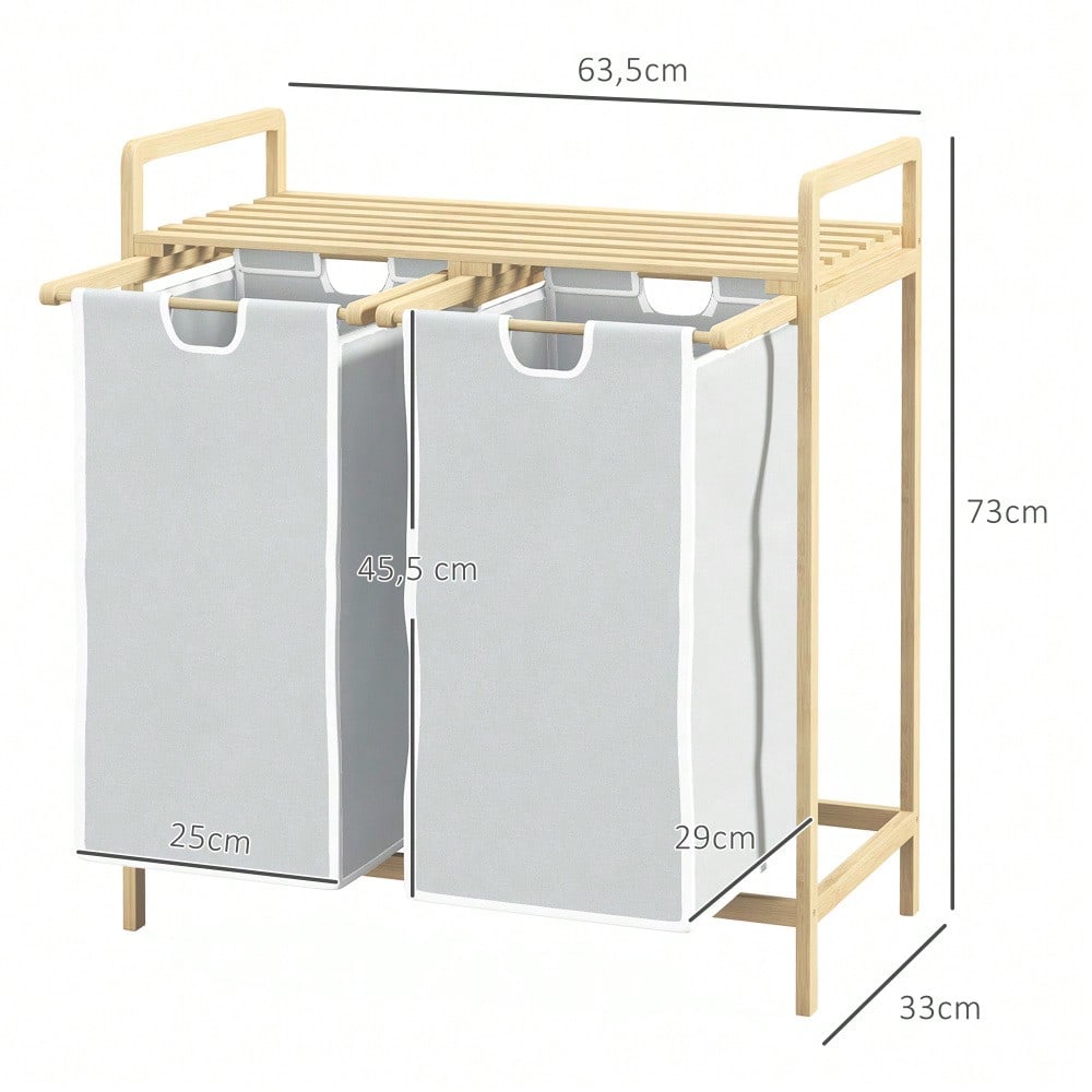 Bambus Wäschekorb mit 2 abnehmbaren Wäschesäcken, für Badezimmer, cremefarben, 63,5x33x73 cm - von HOMCOM