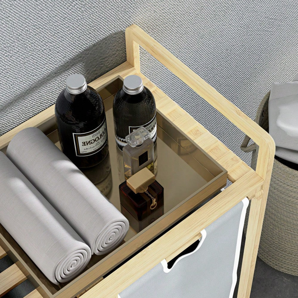 Bambus Wäschekorb mit 2 abnehmbaren Wäschesäcken, für Badezimmer, cremefarben, 63,5x33x73 cm - von HOMCOM