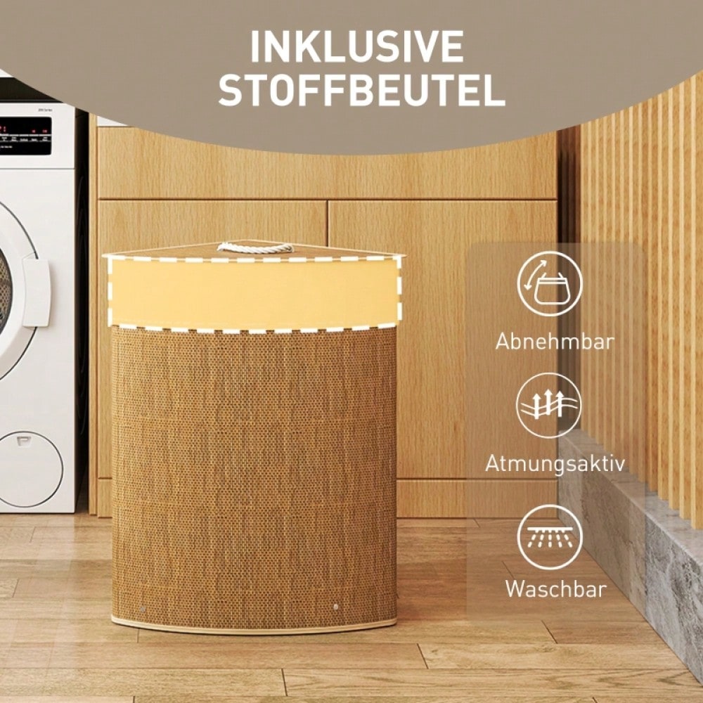 Bambus Ecke Wäschekorb 55-Liter mit Deckel & herausnehmbarem Wäschesack, für Badezimmer, Waschküche & Schlafzimmer, braun - von HOMCOM