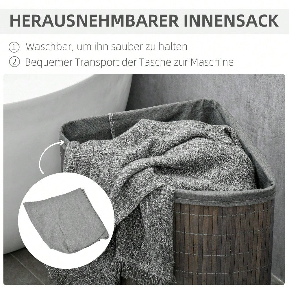 Eckiger Bambus Wäschekorb 55-Liter mit Deckel & herausnehmbarem Beutel, platzsparend für Waschküche & Bad, 38x38x57 cm, grau - von HOMCOM