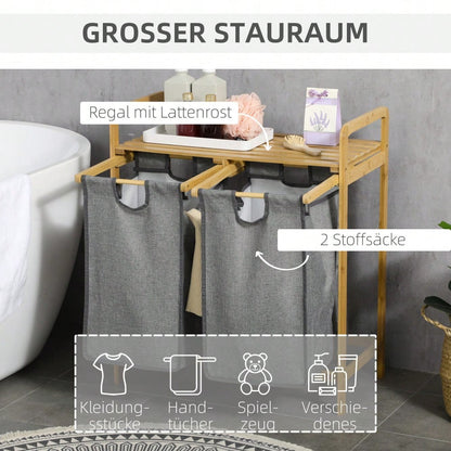 Bambus Wäschekorb mit 2 abnehmbaren Wäschesäcken & Plattform, für Badezimmer, grau/natur - von HOMCOM