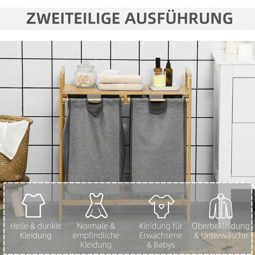 Bambus Wäschekorb mit 2 abnehmbaren Wäschesäcken & Plattform, für Badezimmer, grau/natur - von HOMCOM