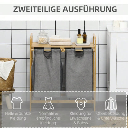 Bambus Wäschekorb mit 2 abnehmbaren Wäschesäcken & Plattform, für Badezimmer, grau/natur - von HOMCOM
