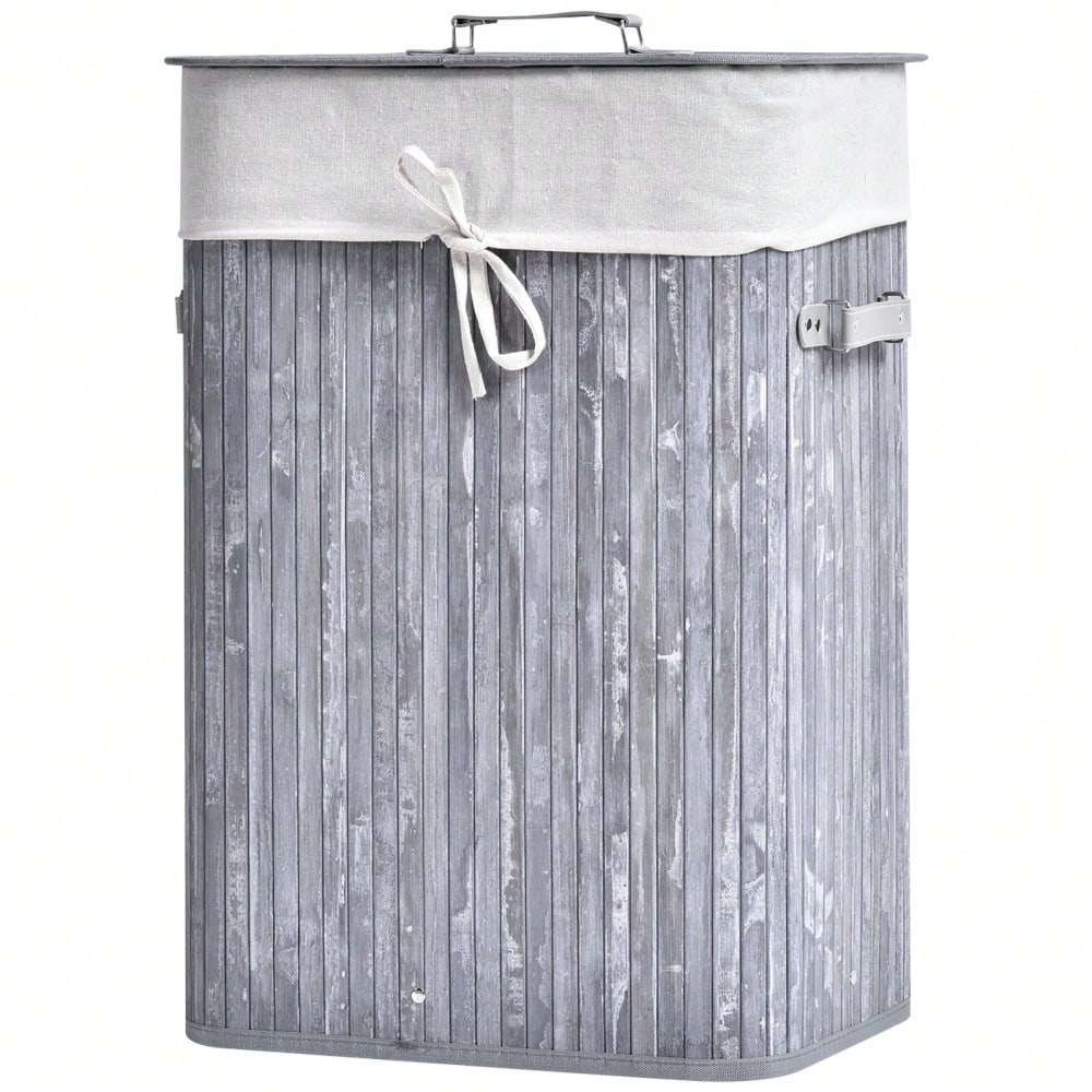 Bambus Wäschekorb 72-Liter mit Deckel & waschbarem Wäschesack, faltbar mit Griffen, 40x30x60 cm, grau - von HOMCOM