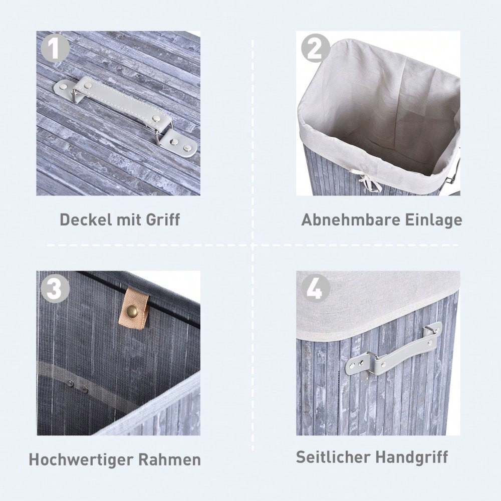 Bambus Wäschekorb 72-Liter mit Deckel & waschbarem Wäschesack, faltbar mit Griffen, 40x30x60 cm, grau - von HOMCOM
