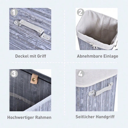 Bambus Wäschekorb 72-Liter mit Deckel & waschbarem Wäschesack, faltbar mit Griffen, 40x30x60 cm, grau - von HOMCOM