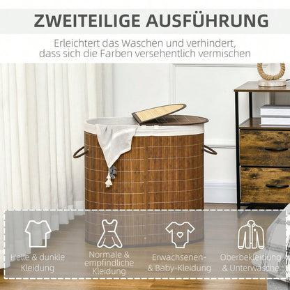Bambus Wäschekorb 100-Liter mit Deckel, Griff & 2 Wäschesäcken, für Badezimmer - von HOMCOM