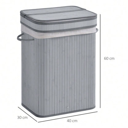Bambus Wäschekorb schmal 70-Liter mit Deckel & Griffen, herausnehmbarer Wäschesack für Waschküche, Schlafzimmer & Badezimmer, grau - von HOMCOM