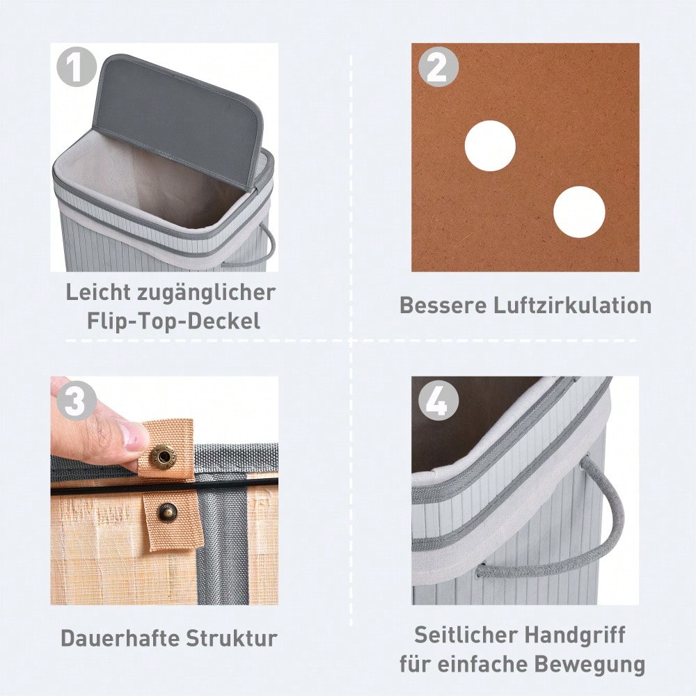 Bambus Wäschekorb schmal 70-Liter mit Deckel & Griffen, herausnehmbarer Wäschesack für Waschküche, Schlafzimmer & Badezimmer, grau - von HOMCOM