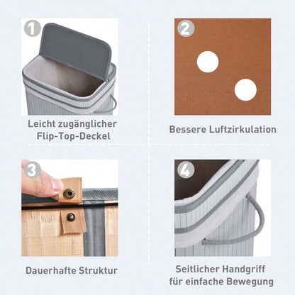 Bambus Wäschekorb schmal 70-Liter mit Deckel & Griffen, herausnehmbarer Wäschesack für Waschküche, Schlafzimmer & Badezimmer, grau - von HOMCOM
