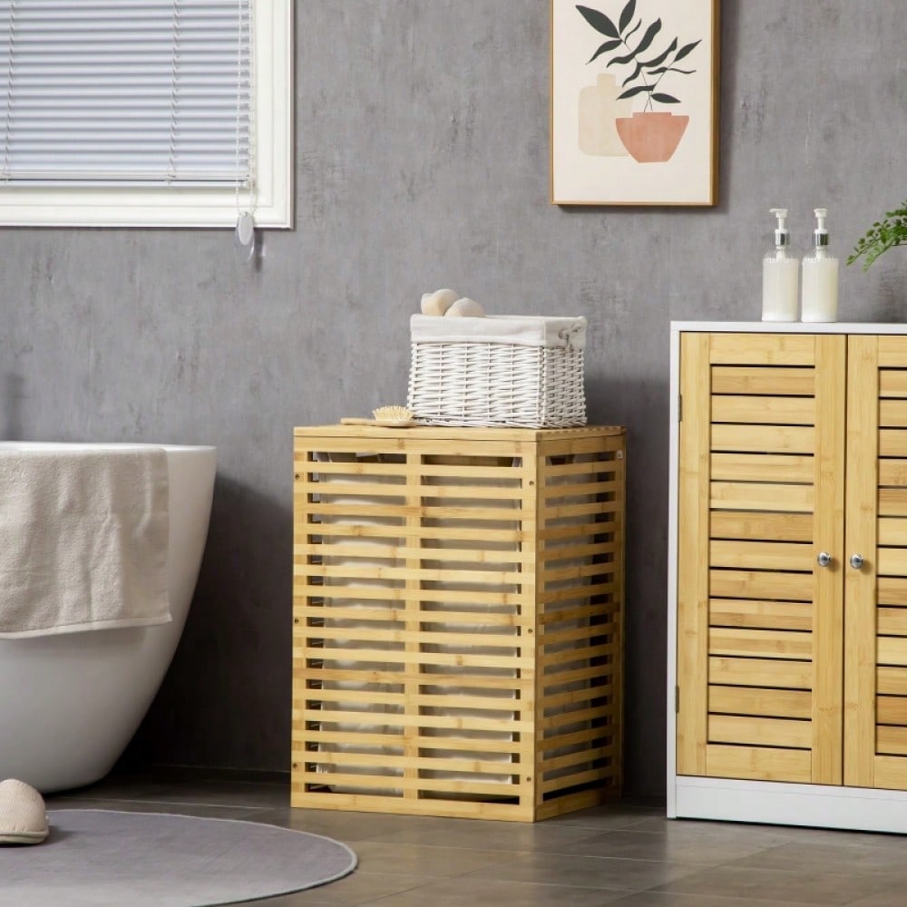 Bambus Wäschekorb 63-Liter mit Deckel, herausnehmbarem Wäschesack & Tragegriff, für Waschküche, Schlafzimmer & Badezimmer, natur - von HOMCOM