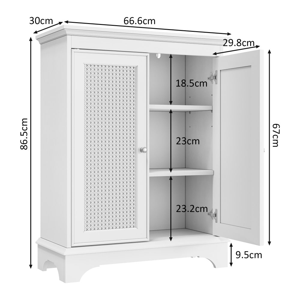 Badezimmerschrank bodenstehend mit Korbtür & verstellbarem Regal, weißer Aufbewahrungsschrank für Bad, Küche & Wohnzimmer
