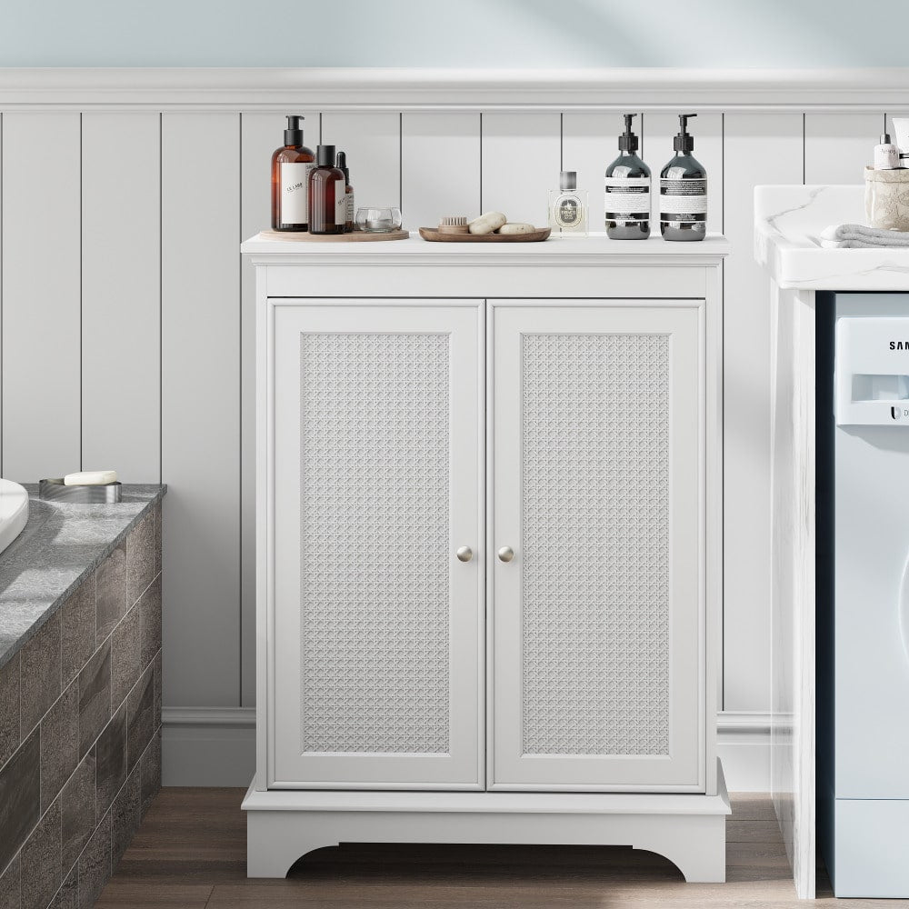 Badezimmerschrank bodenstehend mit Korbtür & verstellbarem Regal, weißer Aufbewahrungsschrank für Bad, Küche & Wohnzimmer