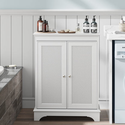Badezimmerschrank bodenstehend mit Korbtür & verstellbarem Regal, weißer Aufbewahrungsschrank für Bad, Küche & Wohnzimmer