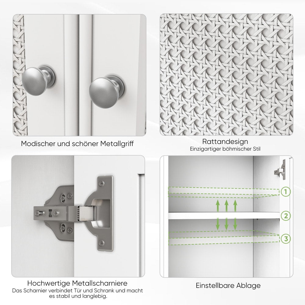 Badezimmerschrank bodenstehend mit Korbtür & verstellbarem Regal, weißer Aufbewahrungsschrank für Bad, Küche & Wohnzimmer