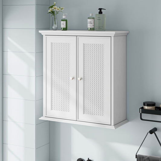Wandschrank mit Korbtüren & verstellbaren Regalen, weißer Badezimmerschrank für Küche, Bad & Waschküche