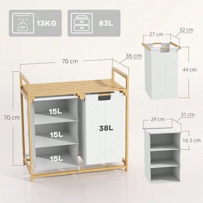 Bambus Wäschekorb 83-Liter mit 4 Fächern & 2 abnehmbaren Vliesbeuteln, Wäschesortierer mit Griff 70x36x70 cm, weiß - von HOMCOM