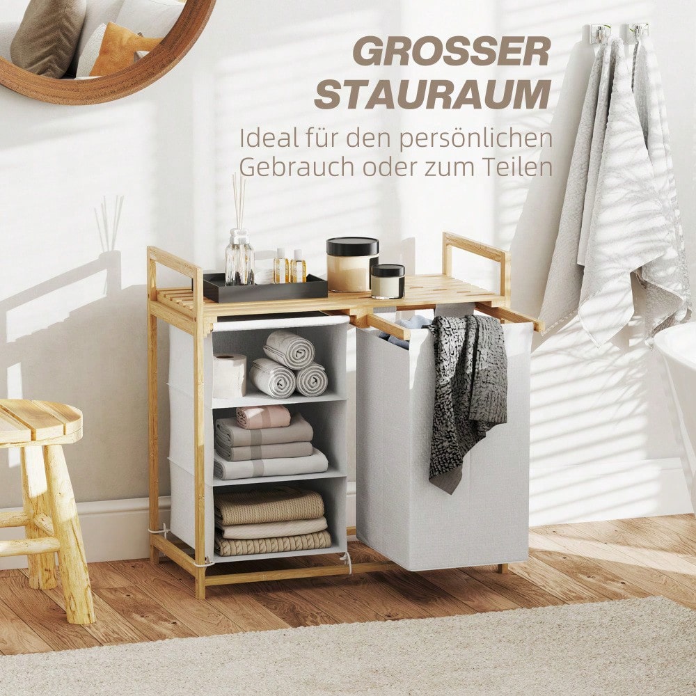 Bambus Wäschekorb 83-Liter mit 4 Fächern & 2 abnehmbaren Vliesbeuteln, Wäschesortierer mit Griff 70x36x70 cm, weiß - von HOMCOM