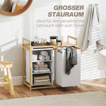 Bambus Wäschekorb 83-Liter mit 4 Fächern & 2 abnehmbaren Vliesbeuteln, Wäschesortierer mit Griff 70x36x70 cm, weiß - von HOMCOM