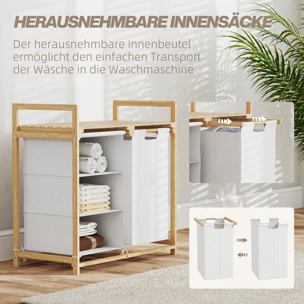 Bambus Wäschekorb 83-Liter mit 4 Fächern & 2 abnehmbaren Vliesbeuteln, Wäschesortierer mit Griff 70x36x70 cm, weiß - von HOMCOM