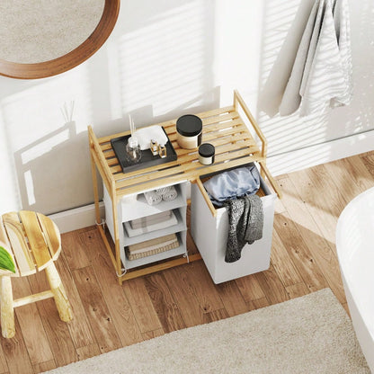 Bambus Wäschekorb 83-Liter mit 4 Fächern & 2 abnehmbaren Vliesbeuteln, Wäschesortierer mit Griff 70x36x70 cm, weiß - von HOMCOM