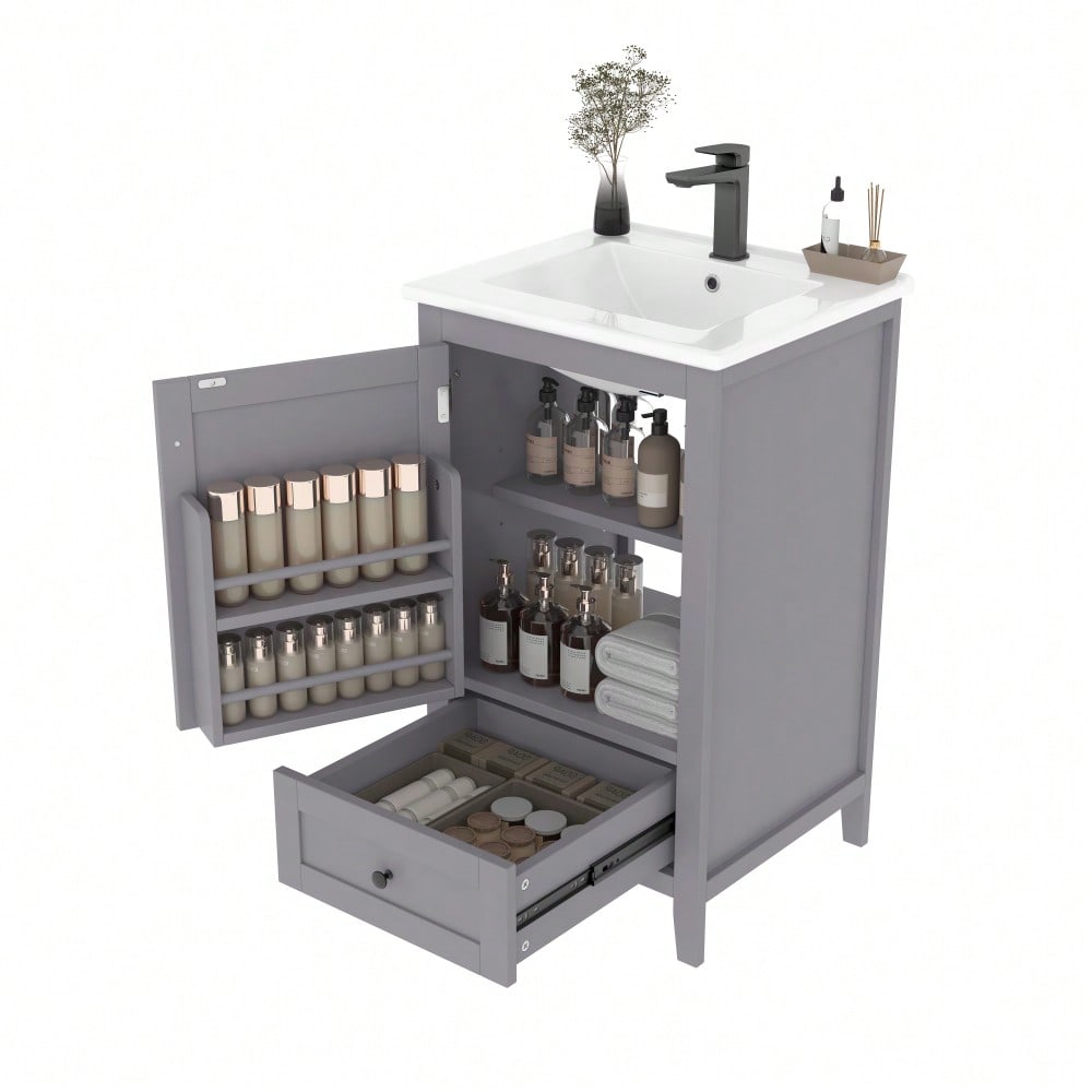Badezimmerschrank mit Keramikwaschbecken, bodenstehend mit geräuschlosen Schubladen & verstellbaren Regalen, 51x46x85 cm, grau - von HOMCOM