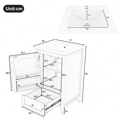 Badezimmerschrank mit Keramikwaschbecken, bodenstehend mit geräuschlosen Schubladen & verstellbaren Regalen, 51x46x85 cm, grau - von HOMCOM