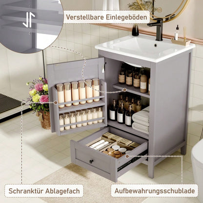 Badezimmerschrank mit Keramikwaschbecken, bodenstehend mit geräuschlosen Schubladen & verstellbaren Regalen, 51x46x85 cm, grau - von HOMCOM