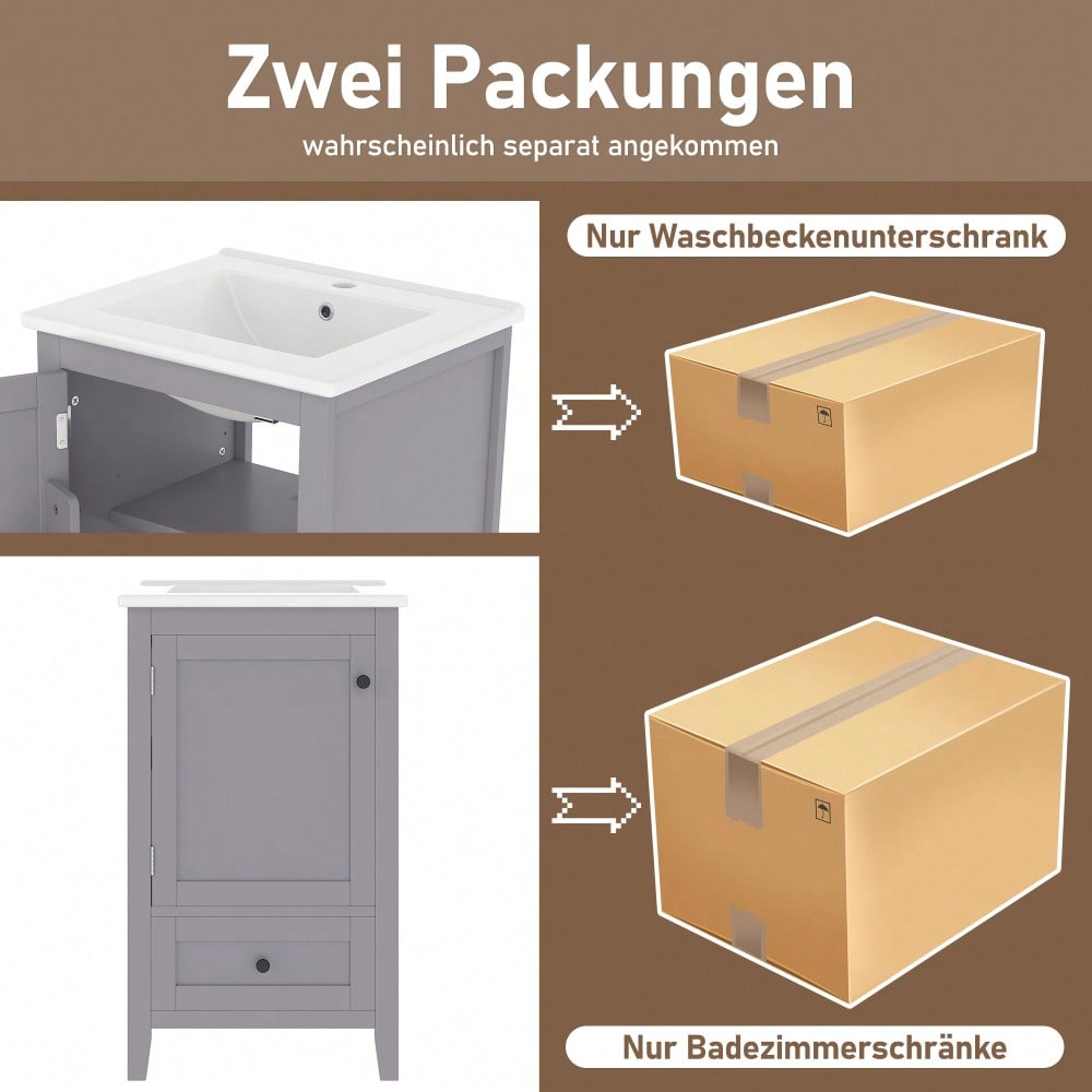 Badezimmerschrank mit Keramikwaschbecken, bodenstehend mit geräuschlosen Schubladen & verstellbaren Regalen, 51x46x85 cm, grau - von HOMCOM