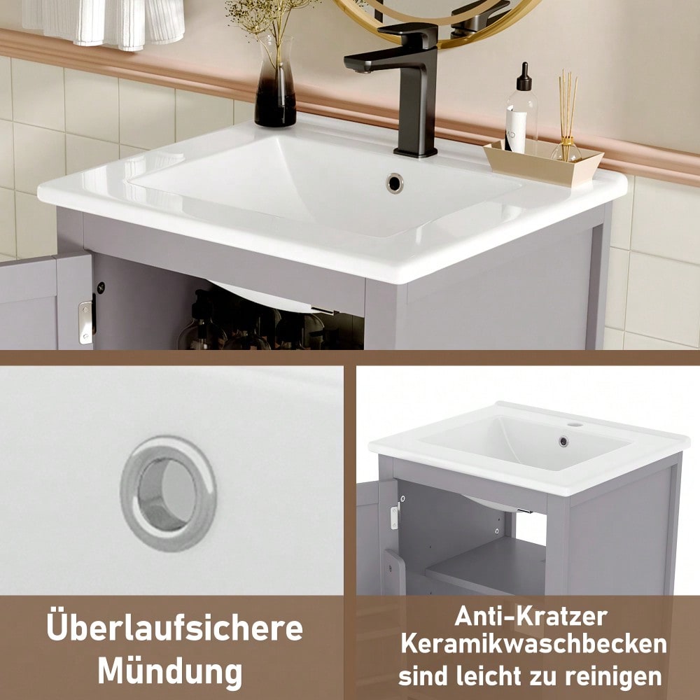 Badezimmerschrank mit Keramikwaschbecken, bodenstehend mit geräuschlosen Schubladen & verstellbaren Regalen, 51x46x85 cm, grau - von HOMCOM