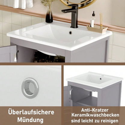 Badezimmerschrank mit Keramikwaschbecken, bodenstehend mit geräuschlosen Schubladen & verstellbaren Regalen, 51x46x85 cm, grau - von HOMCOM