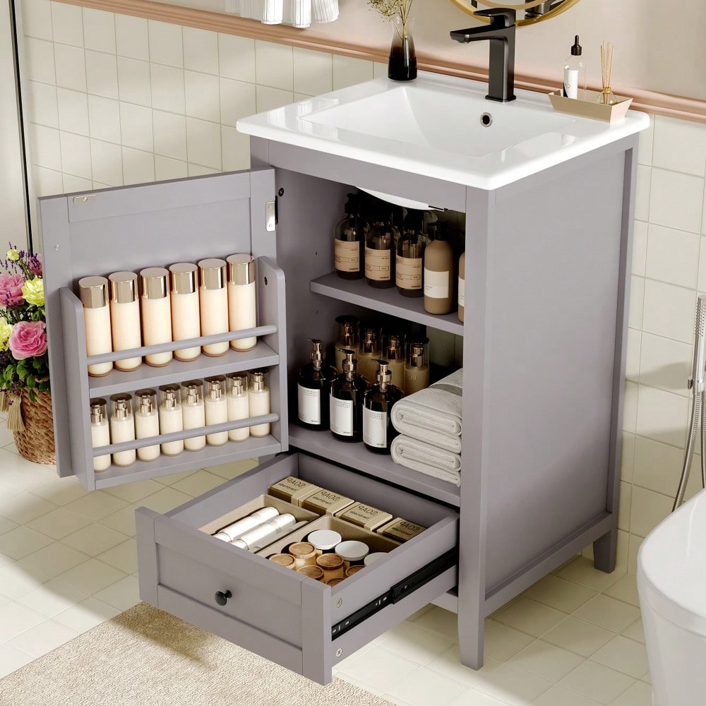 Badezimmerschrank mit Keramikwaschbecken, bodenstehend mit geräuschlosen Schubladen & verstellbaren Regalen, 51x46x85 cm, grau - von HOMCOM
