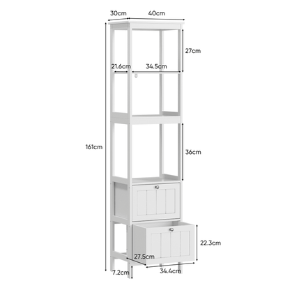 Schmaler Hochschrank 160 cm mit 2 Schubladen & 3 Einlegeböden, freistehender Badezimmerschrank aus Holz, 40x30x160 cm, weiß