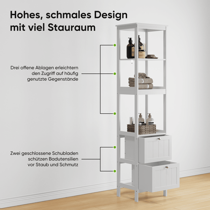 Schmaler Hochschrank 160 cm mit 2 Schubladen & 3 Einlegeböden, freistehender Badezimmerschrank aus Holz, 40x30x160 cm, weiß