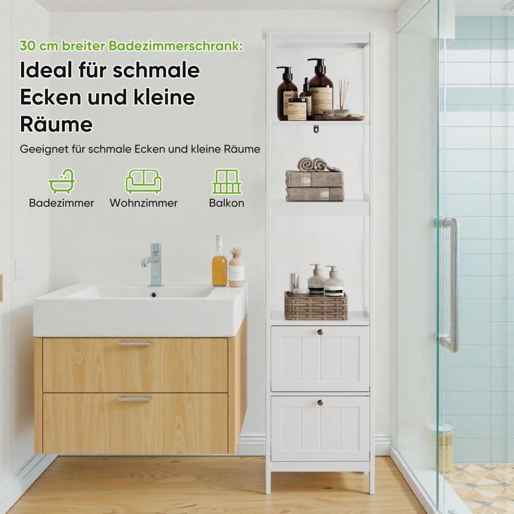 Schmaler Hochschrank 160 cm mit 2 Schubladen & 3 Einlegeböden, freistehender Badezimmerschrank aus Holz, 40x30x160 cm, weiß