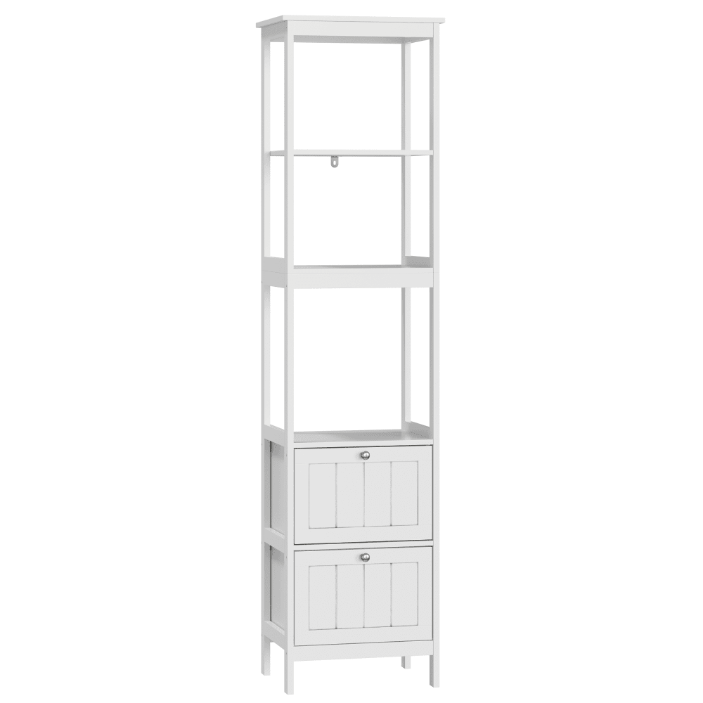 Schmaler Hochschrank 160 cm mit 2 Schubladen & 3 Einlegeböden, freistehender Badezimmerschrank aus Holz, 40x30x160 cm, weiß