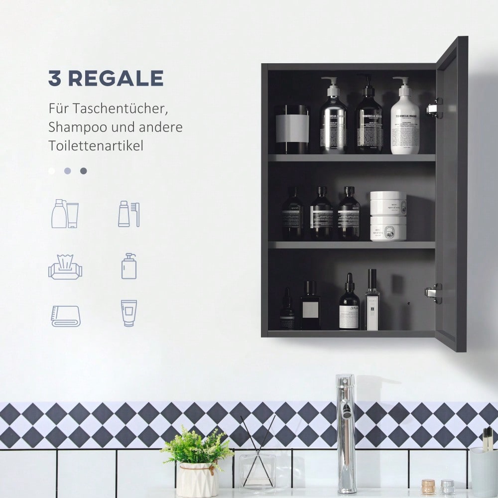Spiegelschrank mit 3 Einlegeböden, moderner Hängeschrank für Badezimmer, 40x15x60 cm, schwarz & platzsparend - von kleankin