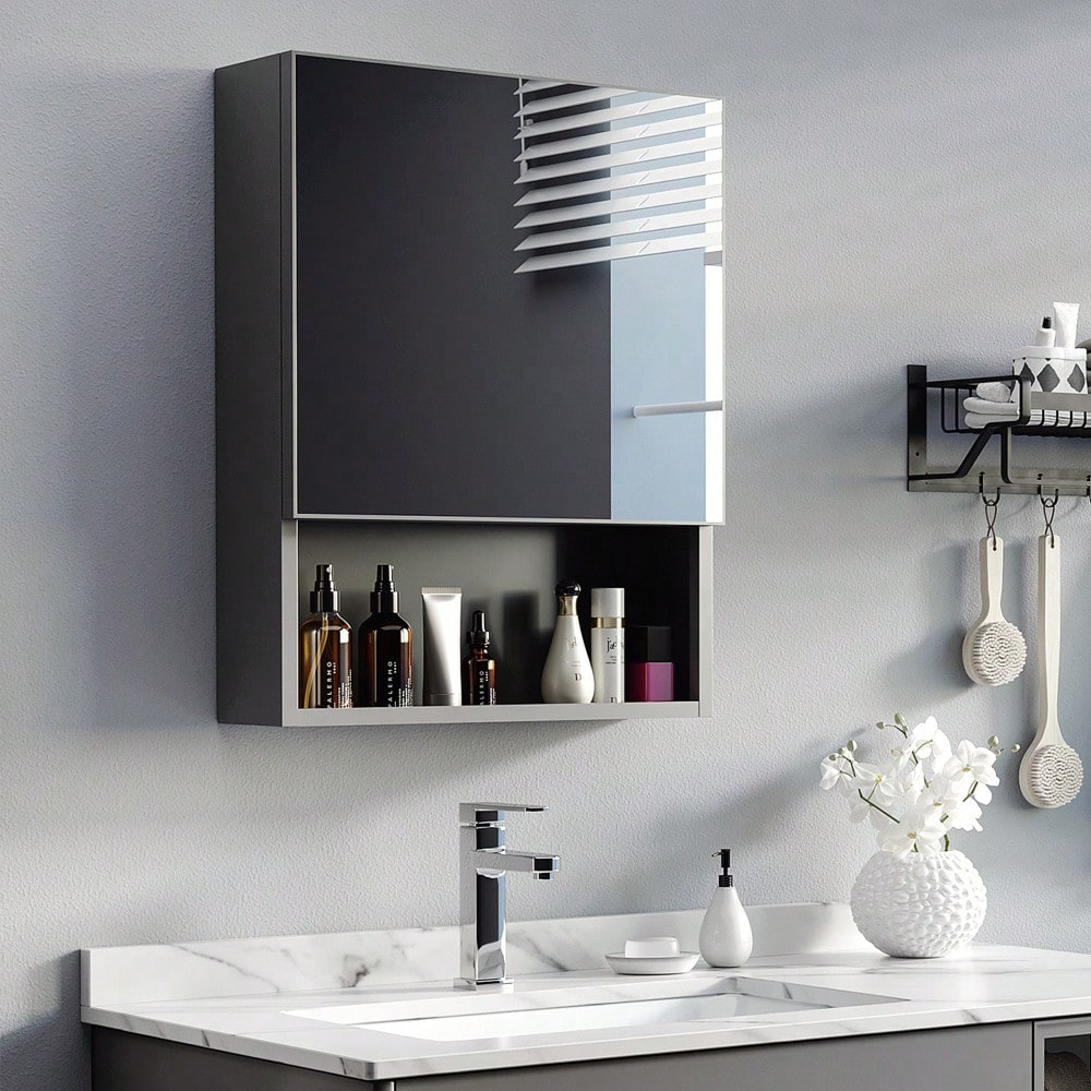 Spiegelschrank aus Edelstahl mit 2 Innenböden & Glasregal, Hängeschrank für Badezimmer 46x13,5x58 cm - von kleankin