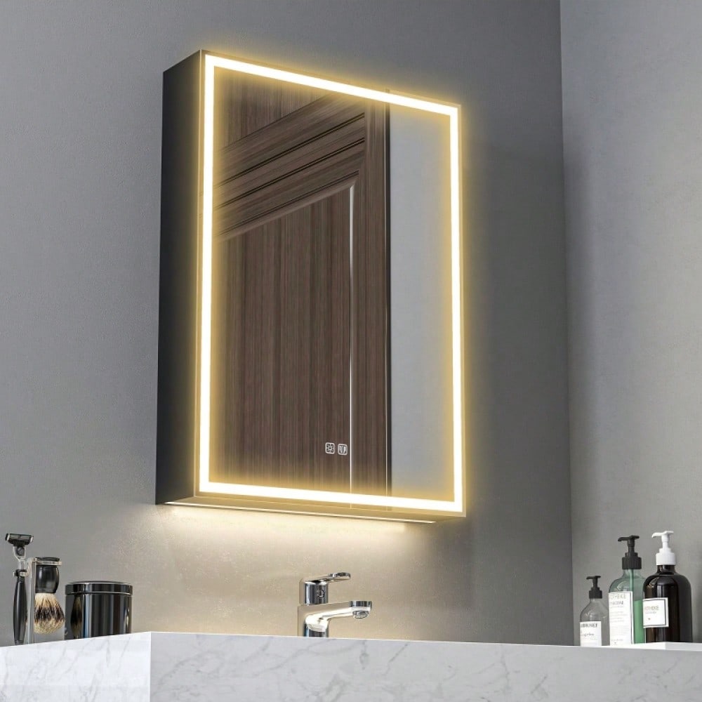 Spiegelschrank mit LED-Beleuchtung & Anti-Beschlag, dimmbarer Badezimmerschrank 50x70 cm, schwarz - von HOMCOM