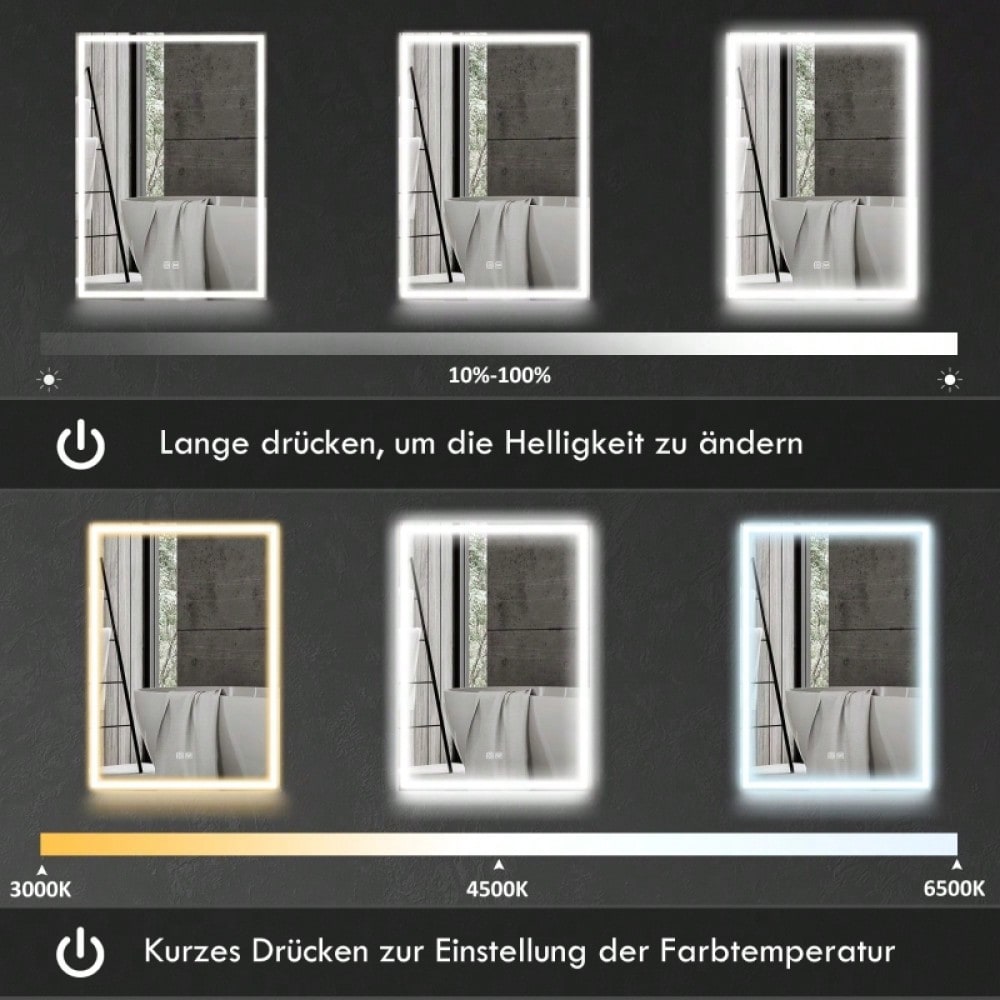 Spiegelschrank mit LED-Beleuchtung & Anti-Beschlag, dimmbarer Badezimmerschrank 50x70 cm, schwarz - von HOMCOM