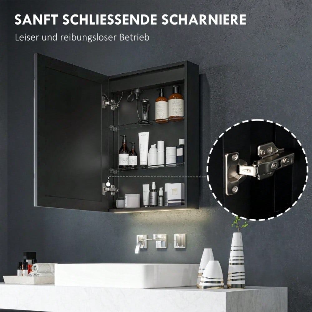 Spiegelschrank mit LED-Beleuchtung & Anti-Beschlag, dimmbarer Badezimmerschrank 50x70 cm, schwarz - von HOMCOM