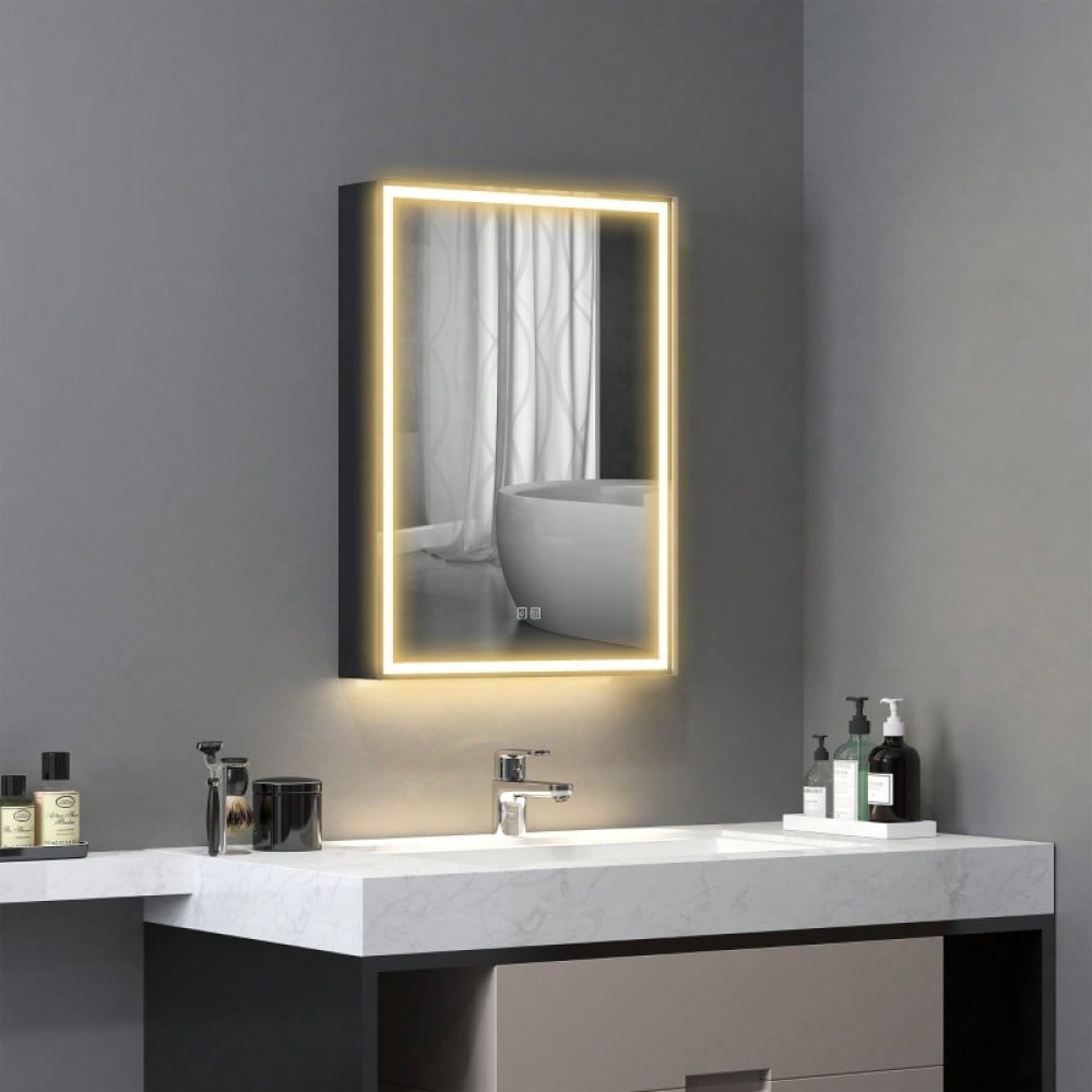 Spiegelschrank mit LED-Beleuchtung & Anti-Beschlag, dimmbarer Badezimmerschrank 50x70 cm, schwarz - von HOMCOM