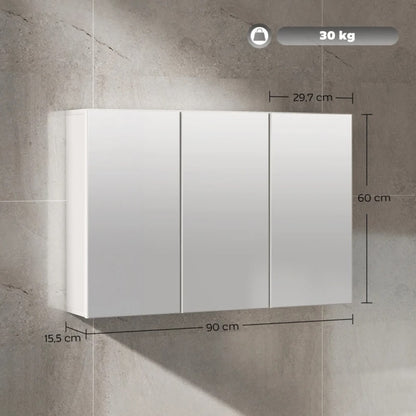 Spiegelschrank mit 3 Spiegeltüren für Badezimmer, Wandmontage 90x15,5x60 cm, aus Spanplatte, weiß - von HOMCOM