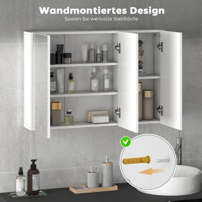 Spiegelschrank mit 3 Spiegeltüren für Badezimmer, Wandmontage 90x15,5x60 cm, aus Spanplatte, weiß - von HOMCOM