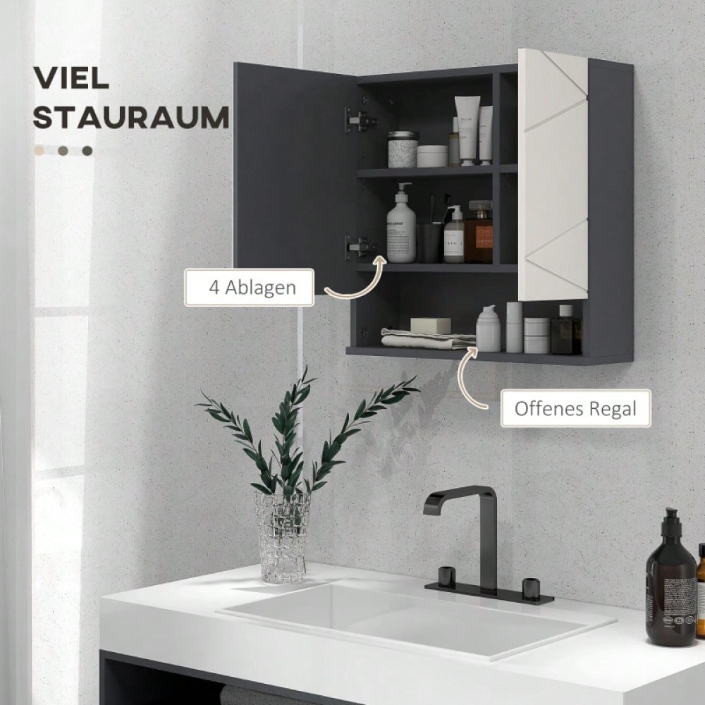 Spiegelschrank mit Anti-Beschlag & verstellbaren Einlegeböden, Hängeschrank mit offenem Fach, 55x17x55 cm, grau - von kleankin