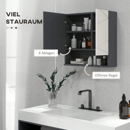 Spiegelschrank mit Anti-Beschlag & verstellbaren Einlegeböden, Hängeschrank mit offenem Fach, 55x17x55 cm, grau - von kleankin