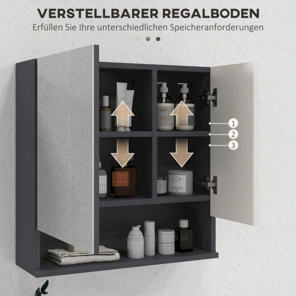 Spiegelschrank mit Anti-Beschlag & verstellbaren Einlegeböden, Hängeschrank mit offenem Fach, 55x17x55 cm, grau - von kleankin
