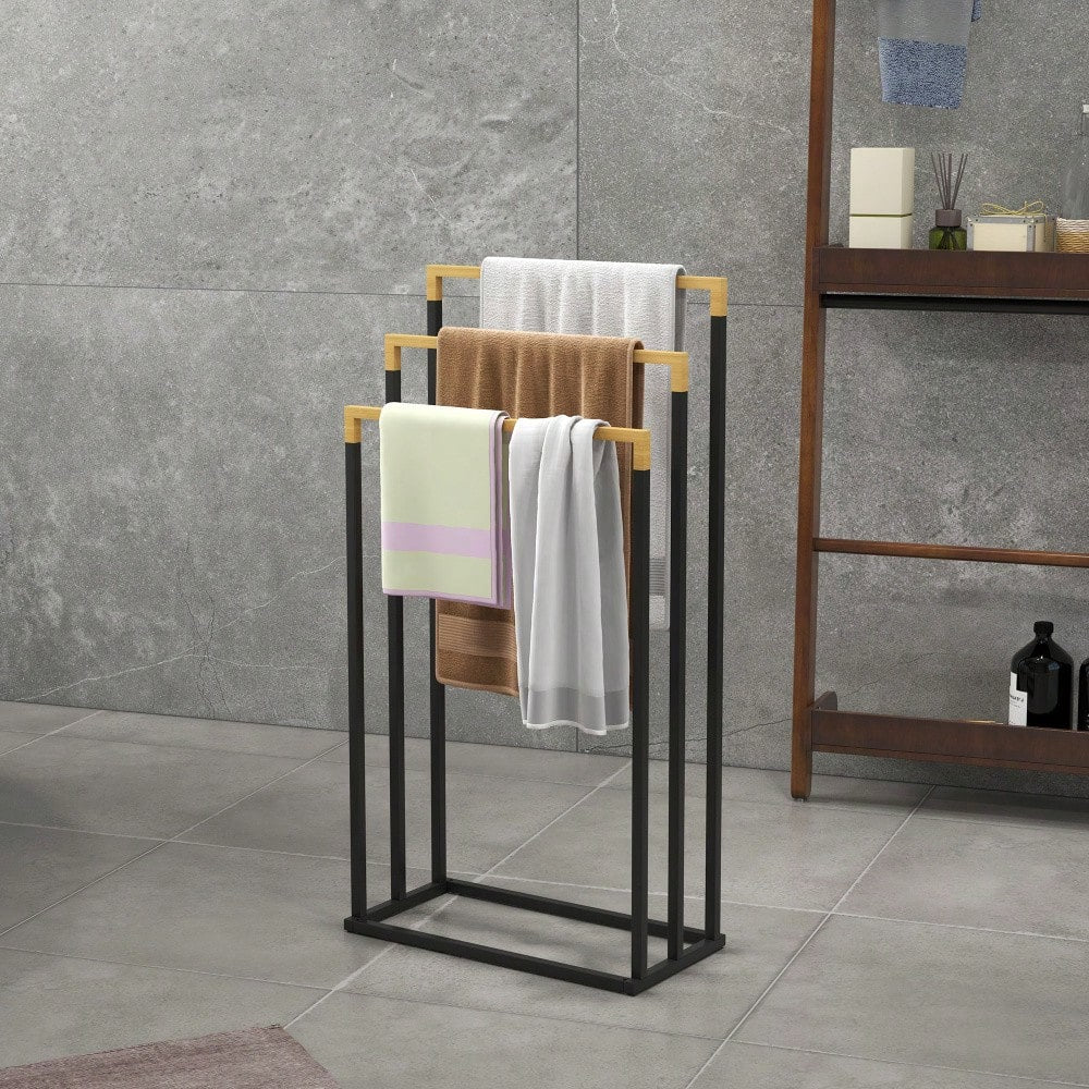 Handtuchständer aus Stahl & Bambus mit 3 Stangen, Badetuchhalter für Badezimmer, schwarz - von kleankin