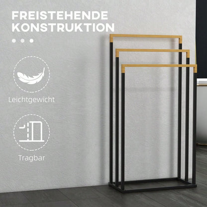 Handtuchständer aus Stahl & Bambus mit 3 Stangen, Badetuchhalter für Badezimmer, schwarz - von kleankin