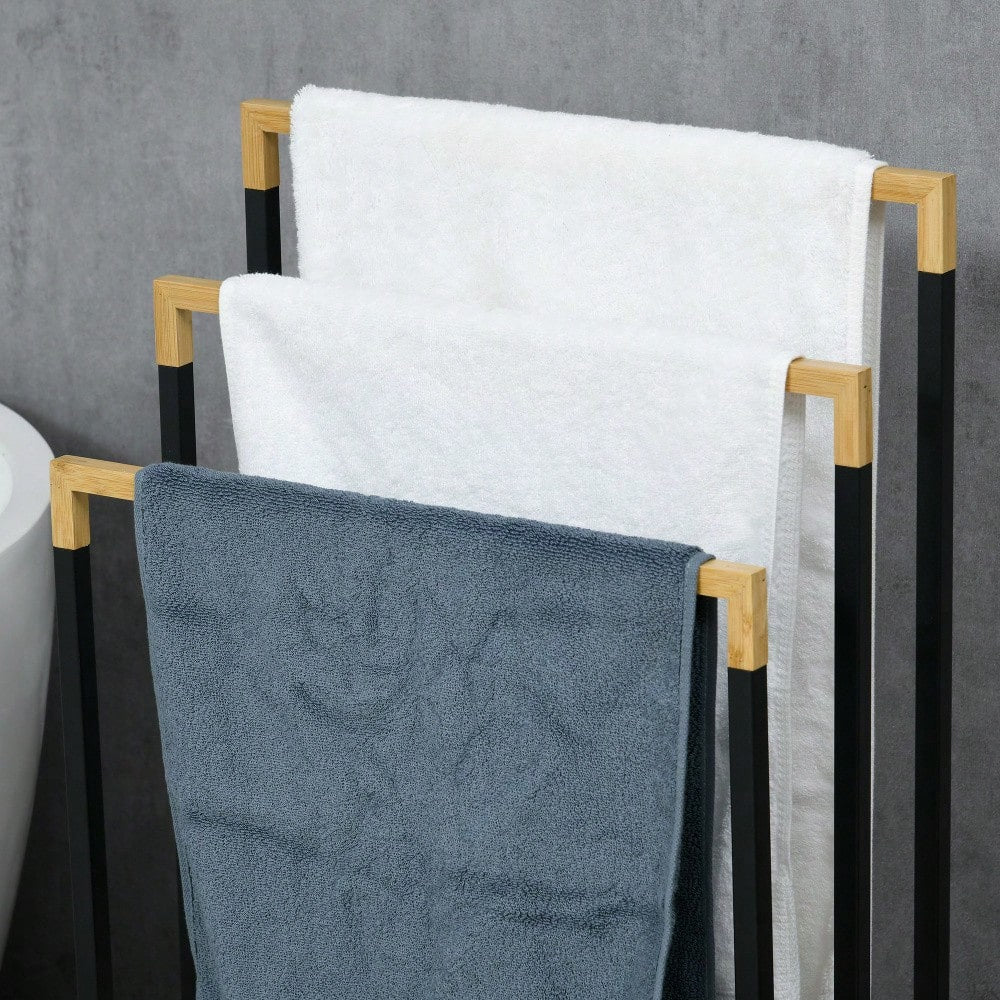 Handtuchständer aus Stahl & Bambus mit 3 Stangen, Badetuchhalter für Badezimmer, schwarz - von kleankin